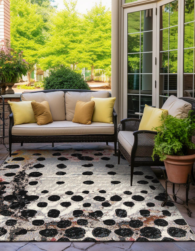 White and Black 7' 10 x 7' 10 Outdoor Modern Square Area Rug Weather Resistant for Patio, Deck, Terrace, Balcony, Porch 100% Polypropylene Modern Outside Carpet for Sale at Rug Engine