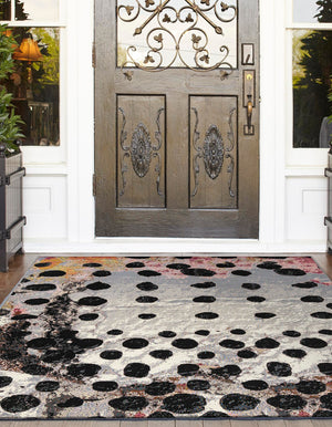 White and Black 7' 10 x 7' 10 Outdoor Modern Square Area Rug Weather Resistant for Patio, Deck, Terrace, Balcony, Porch 100% Polypropylene Modern Outside Carpet for Sale at Rug Engine
