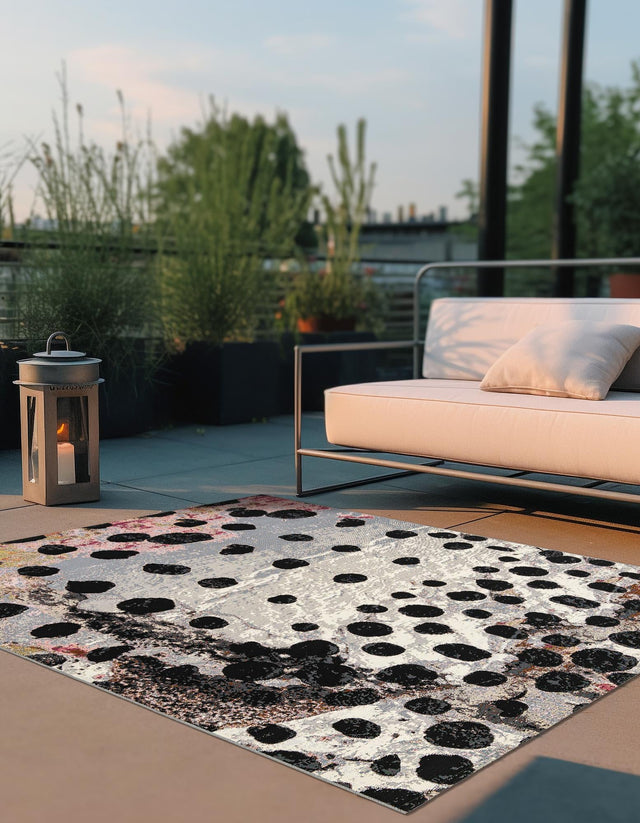White and Black 7' 10 x 7' 10 Outdoor Modern Square Area Rug Weather Resistant for Patio, Deck, Terrace, Balcony, Porch 100% Polypropylene Modern Outside Carpet for Sale at Rug Engine