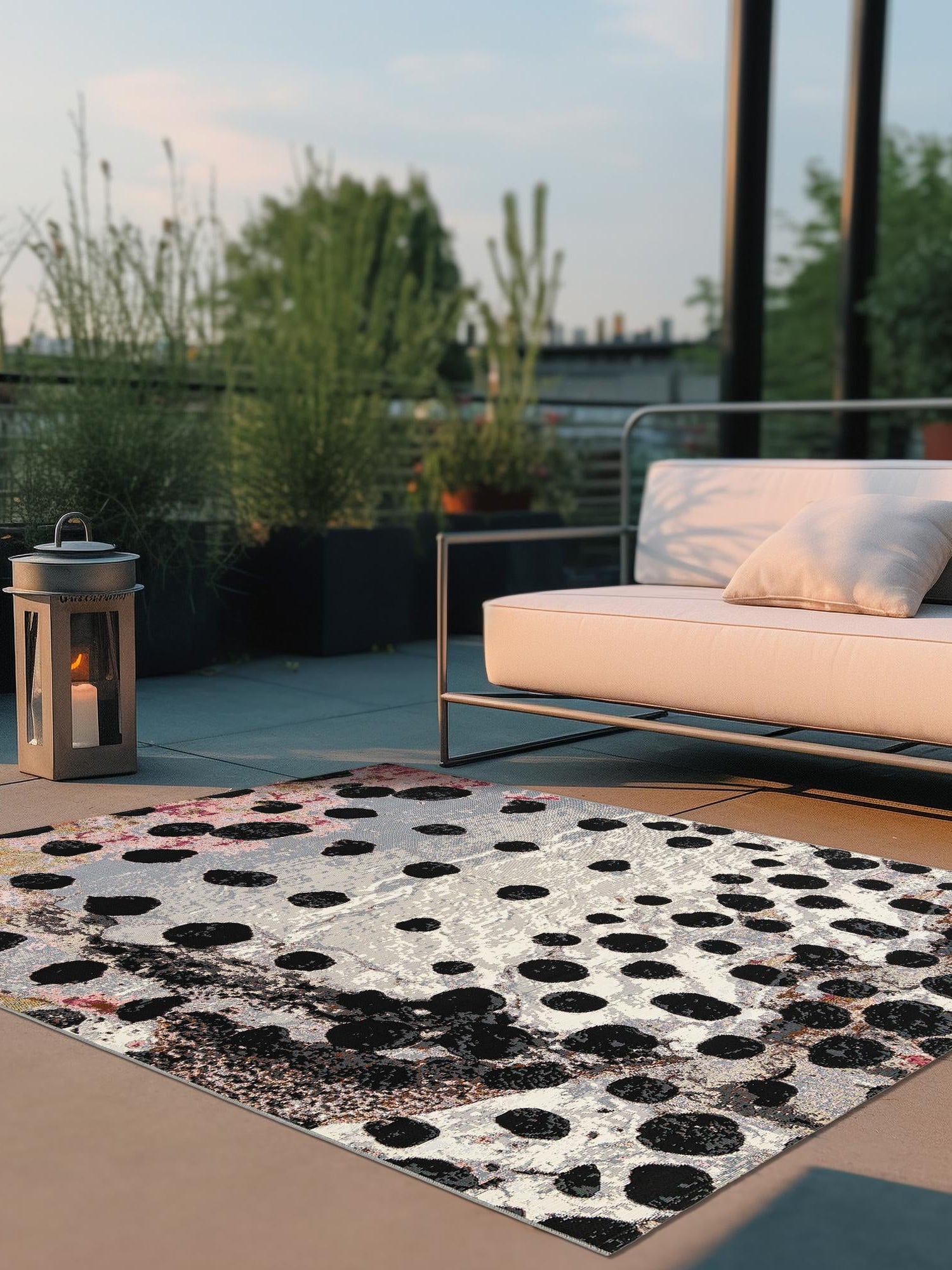 White and Black 10' x 10' Outdoor Modern Square Area Rug Weather Resistant for Patio, Deck, Terrace, Balcony, Porch 100% Polypropylene Modern Outside Carpet for Sale at Rug Engine