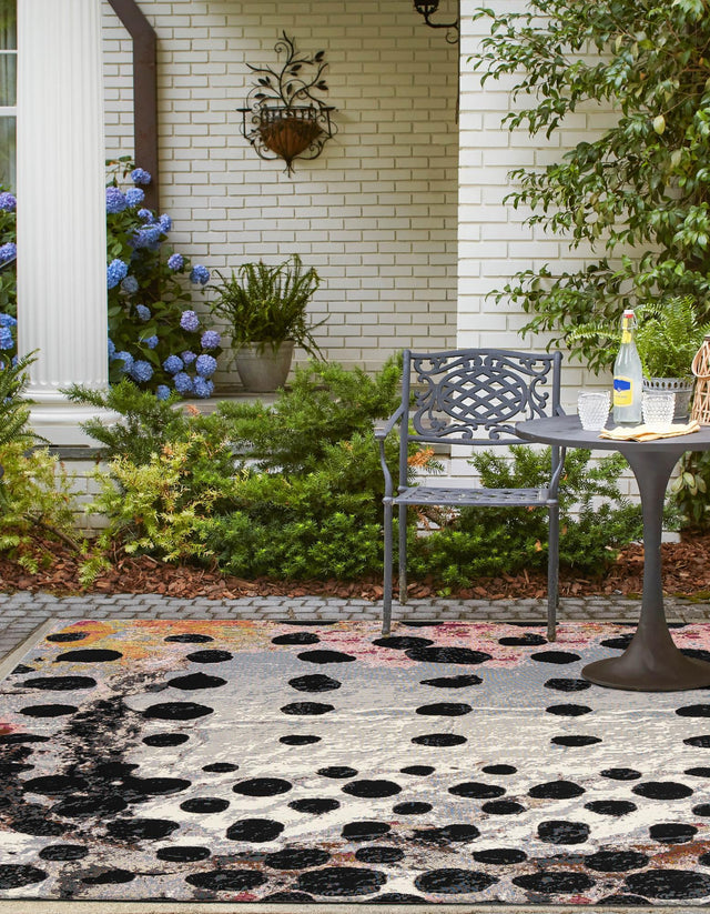 White and Black 7' 10 x 7' 10 Outdoor Modern Square Area Rug Weather Resistant for Patio, Deck, Terrace, Balcony, Porch 100% Polypropylene Modern Outside Carpet for Sale at Rug Engine