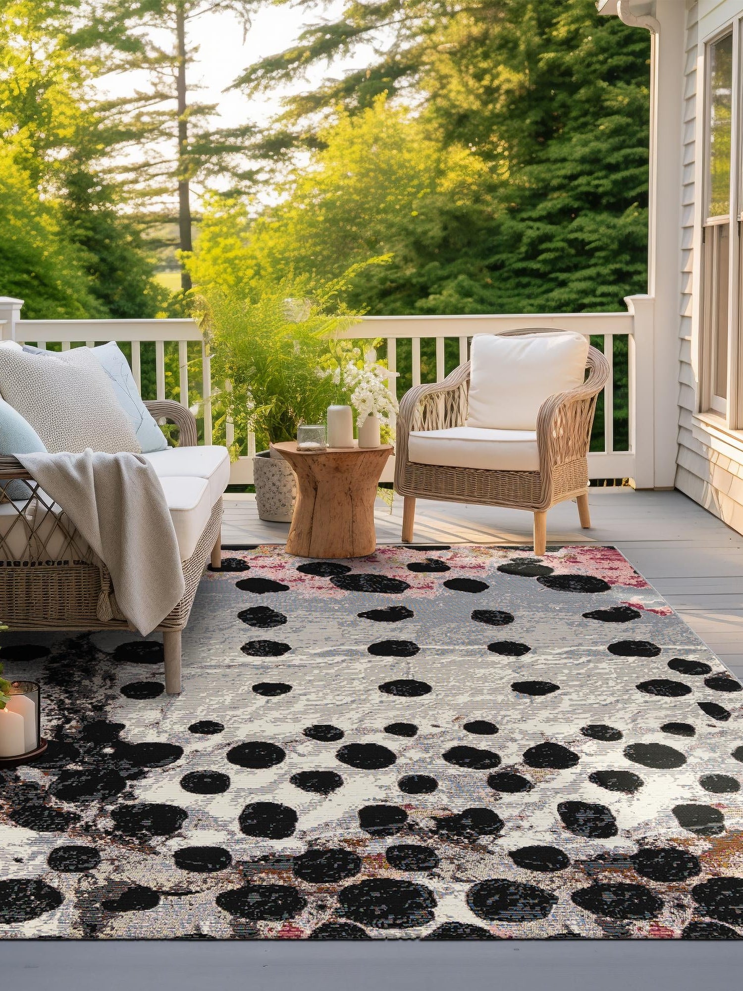 White and Black 10' x 10' Outdoor Modern Square Area Rug Weather Resistant for Patio, Deck, Terrace, Balcony, Porch 100% Polypropylene Modern Outside Carpet for Sale at Rug Engine