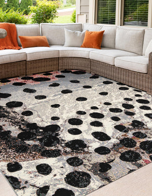 White and Black 7' 10 x 7' 10 Outdoor Modern Square Area Rug Weather Resistant for Patio, Deck, Terrace, Balcony, Porch 100% Polypropylene Modern Outside Carpet for Sale at Rug Engine