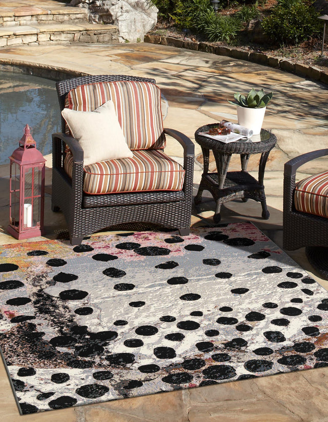White and Black 7' 10 x 7' 10 Outdoor Modern Square Area Rug Weather Resistant for Patio, Deck, Terrace, Balcony, Porch 100% Polypropylene Modern Outside Carpet for Sale at Rug Engine
