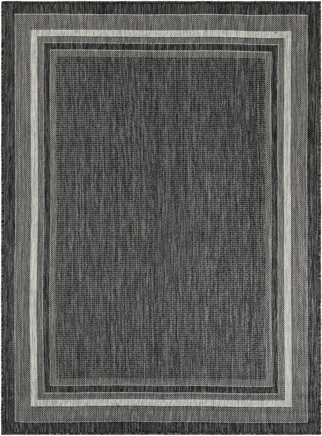 Black 5' 3 x 7' 1 Outdoor Border Rectangle Area Rug Weather Resistant for Patio, Deck, Terrace, Balcony, Porch 100% Polypropylene Classic Bordered Carpet for Sale at Rug Engine