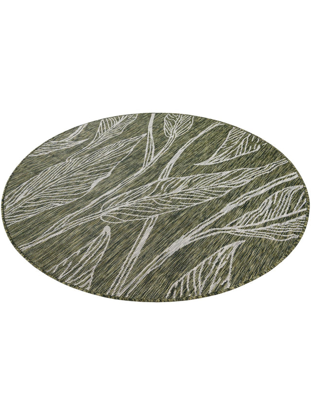 Green 5' 3 x 5' 3 Outdoor Botanical Round Area Rug Weather Resistant for Patio, Deck, Terrace, Balcony, Porch Polypropylene Garden Floral Tropical Carpet for Sale at Rug Engine