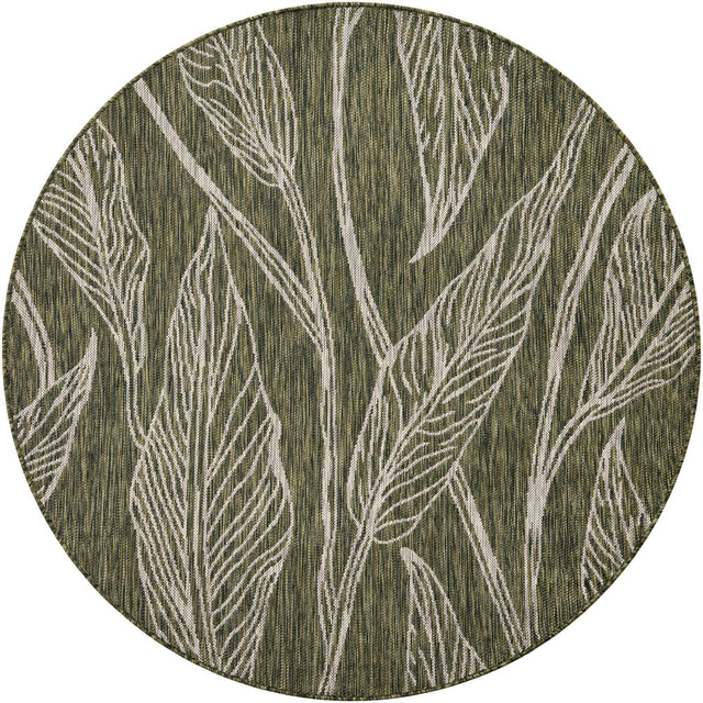 Green 5' 3 x 5' 3 Outdoor Botanical Round Area Rug Weather Resistant for Patio, Deck, Terrace, Balcony, Porch Polypropylene Garden Floral Tropical Carpet for Sale at Rug Engine