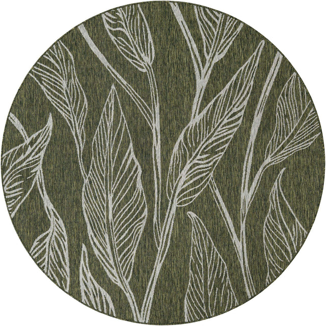Green 7' 10 x 7' 10 Outdoor Botanical Round Area Rug Weather Resistant for Patio, Deck, Terrace, Balcony, Porch Polypropylene Garden Floral Tropical Carpet for Sale at Rug Engine