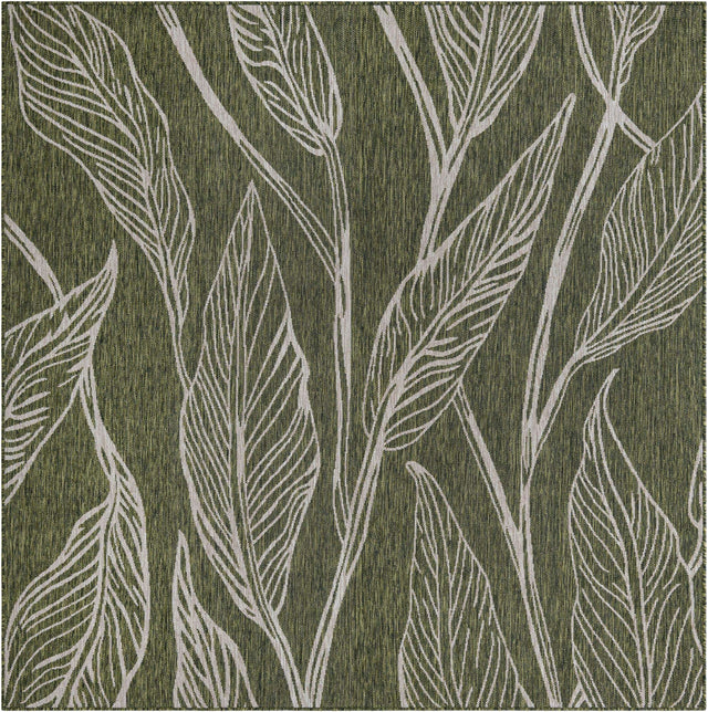 Green 7' 10 x 7' 10 Outdoor Botanical Square Area Rug Weather Resistant for Patio, Deck, Terrace, Balcony, Porch Polypropylene Garden Floral Tropical Carpet for Sale at Rug Engine