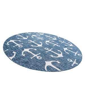 Blue 6' 1 x 6' 1 Outdoor Coastal Round Area Rug Weather Resistant for Patio, Deck, Terrace, Balcony, Porch 100% Polypropylene Coastal Decor Carpet for Sale at Rug Engine