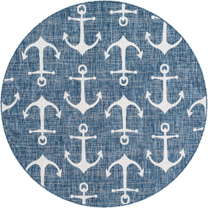 Blue 6' 1 x 6' 1 Outdoor Coastal Round Area Rug Weather Resistant for Patio, Deck, Terrace, Balcony, Porch 100% Polypropylene Coastal Decor Carpet for Sale at Rug Engine
