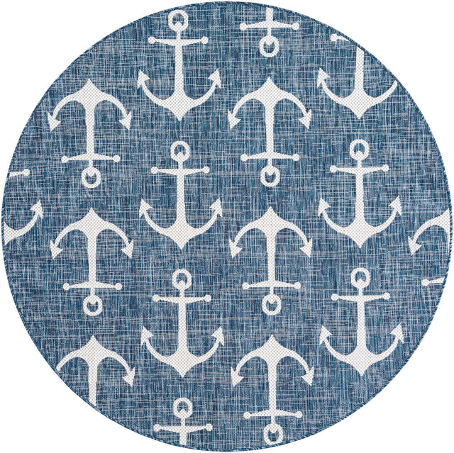 Blue 6' 1 x 6' 1 Outdoor Coastal Round Area Rug Weather Resistant for Patio, Deck, Terrace, Balcony, Porch 100% Polypropylene Coastal Decor Carpet for Sale at Rug Engine