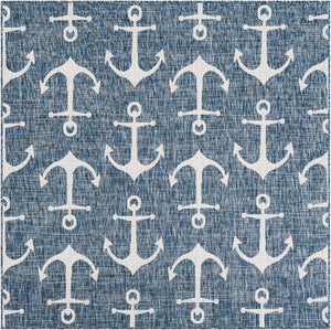 Blue 6' 1 x 6' 1 Outdoor Coastal Square Area Rug Weather Resistant for Patio, Deck, Terrace, Balcony, Porch 100% Polypropylene Coastal Decor Carpet for Sale at Rug Engine