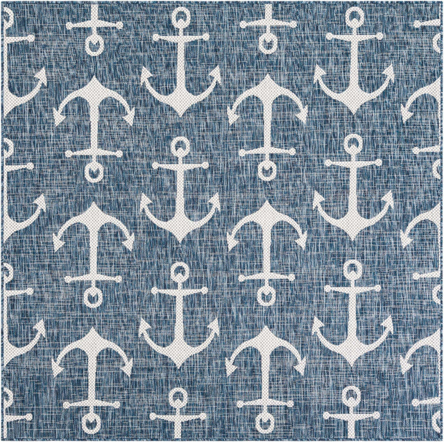 Blue 6' 1 x 6' 1 Outdoor Coastal Square Area Rug Weather Resistant for Patio, Deck, Terrace, Balcony, Porch 100% Polypropylene Coastal Decor Carpet for Sale at Rug Engine