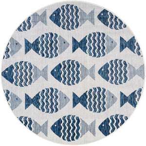 Navy Blue 5' 3 x 5' 3 Outdoor Coastal Round Area Rug Weather Resistant for Patio, Deck, Terrace, Balcony, Porch 100% Polypropylene Coastal Decor Carpet for Sale at Rug Engine