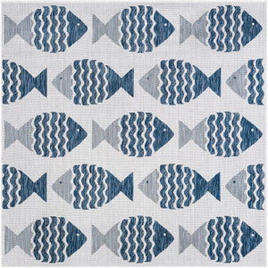 Navy Blue 6' 1 x 6' 1 Outdoor Coastal Square Area Rug Weather Resistant for Patio, Deck, Terrace, Balcony, Porch 100% Polypropylene Coastal Decor Carpet for Sale at Rug Engine