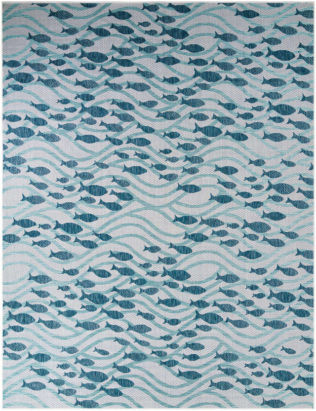 Blue 10' x 13' 1 Outdoor Coastal Rectangle Area Rug Weather Resistant for Patio, Deck, Terrace, Balcony, Porch 100% Polypropylene Coastal Decor Carpet for Sale at Rug Engine