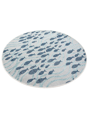 Blue 5' 3 x 5' 3 Outdoor Coastal Round Area Rug Weather Resistant for Patio, Deck, Terrace, Balcony, Porch 100% Polypropylene Coastal Decor Carpet for Sale at Rug Engine