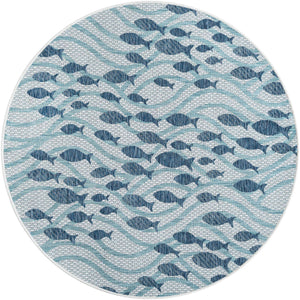 Blue 5' 3 x 5' 3 Outdoor Coastal Round Area Rug Weather Resistant for Patio, Deck, Terrace, Balcony, Porch 100% Polypropylene Coastal Decor Carpet for Sale at Rug Engine