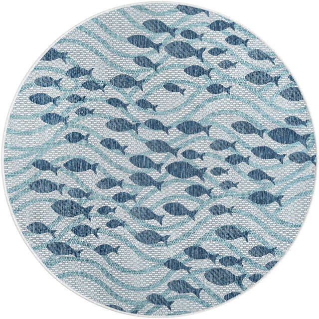 Blue 5' 3 x 5' 3 Outdoor Coastal Round Area Rug Weather Resistant for Patio, Deck, Terrace, Balcony, Porch 100% Polypropylene Coastal Decor Carpet for Sale at Rug Engine
