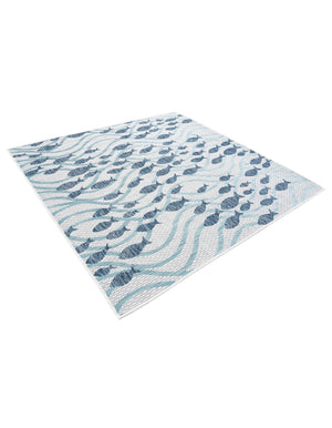 Blue 5' 3 x 5' 3 Outdoor Coastal Square Area Rug Weather Resistant for Patio, Deck, Terrace, Balcony, Porch 100% Polypropylene Coastal Decor Carpet for Sale at Rug Engine