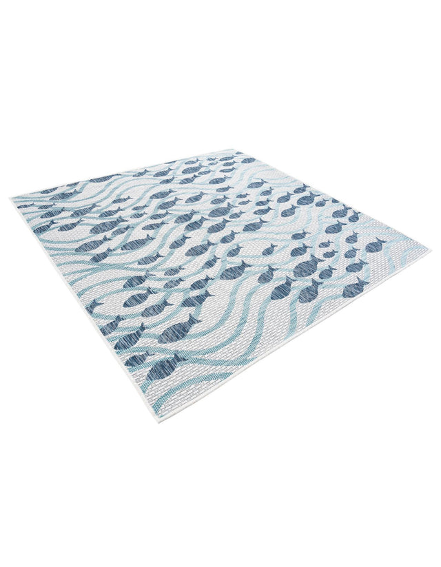 Blue 5' 3 x 5' 3 Outdoor Coastal Square Area Rug Weather Resistant for Patio, Deck, Terrace, Balcony, Porch 100% Polypropylene Coastal Decor Carpet for Sale at Rug Engine