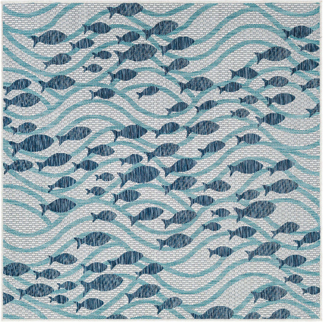 Blue 5' 3 x 5' 3 Outdoor Coastal Square Area Rug Weather Resistant for Patio, Deck, Terrace, Balcony, Porch 100% Polypropylene Coastal Decor Carpet for Sale at Rug Engine