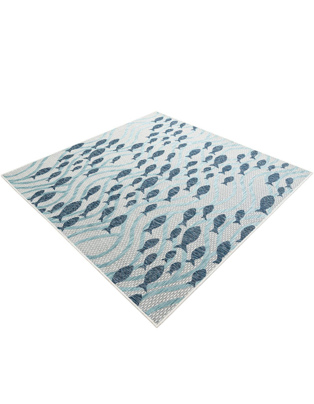 Blue 6' 1 x 6' 1 Outdoor Coastal Square Area Rug Weather Resistant for Patio, Deck, Terrace, Balcony, Porch 100% Polypropylene Coastal Decor Carpet for Sale at Rug Engine