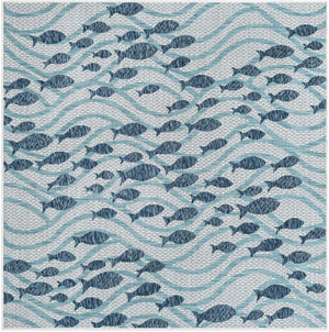 Blue 6' 1 x 6' 1 Outdoor Coastal Square Area Rug Weather Resistant for Patio, Deck, Terrace, Balcony, Porch 100% Polypropylene Coastal Decor Carpet for Sale at Rug Engine