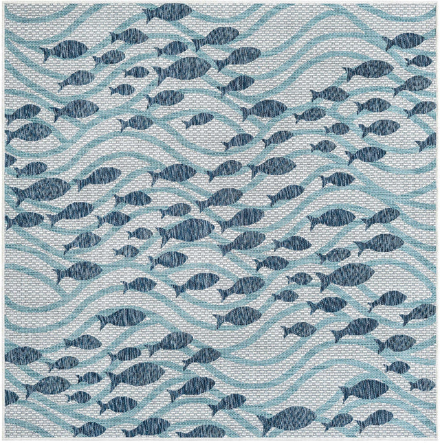 Blue 6' 1 x 6' 1 Outdoor Coastal Square Area Rug Weather Resistant for Patio, Deck, Terrace, Balcony, Porch 100% Polypropylene Coastal Decor Carpet for Sale at Rug Engine