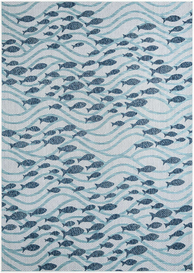 Blue 7' 10 x 11' Outdoor Coastal Rectangle Area Rug Weather Resistant for Patio, Deck, Terrace, Balcony, Porch 100% Polypropylene Coastal Decor Carpet for Sale at Rug Engine