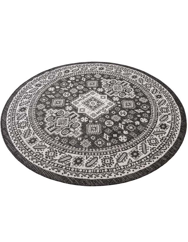 Charcoal Gray 6' 1 x 6' 1 Outdoor Aztec Round Area Rug Weather Resistant for Patio, Deck, Terrace, Balcony, Porch 100% Polypropylene Traditional Carpet Mat for Sale at Rug Engine