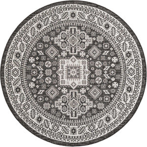 Charcoal Gray 6' 1 x 6' 1 Outdoor Aztec Round Area Rug Weather Resistant for Patio, Deck, Terrace, Balcony, Porch 100% Polypropylene Traditional Carpet Mat for Sale at Rug Engine