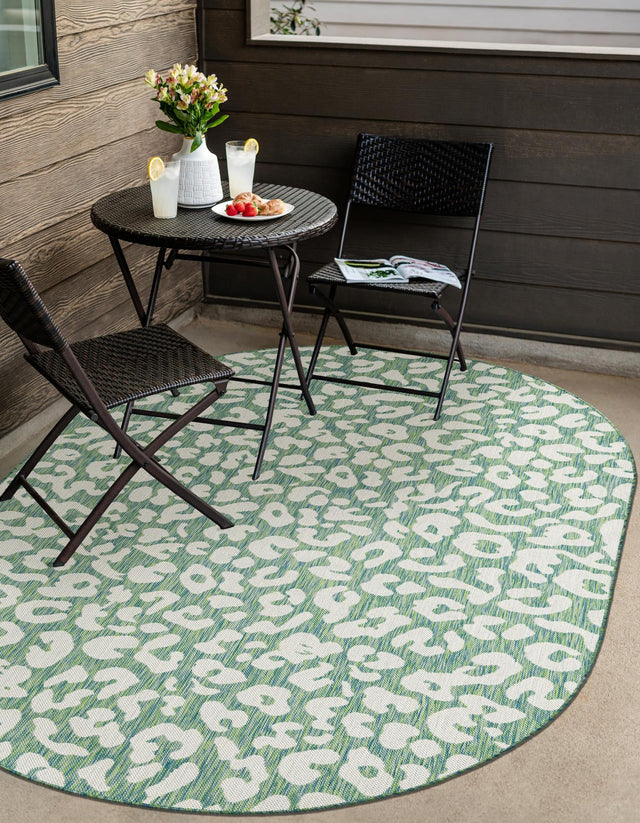 Green Blue 5' 3 x 8' Outdoor Safari Oval Area Rug Weather Resistant for Patio, Deck, Terrace, Balcony, Porch Animal Print Wildlife Nature Carpet for Sale at Rug Engine