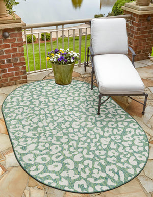 Green Blue 5' 3 x 8' Outdoor Safari Oval Area Rug Weather Resistant for Patio, Deck, Terrace, Balcony, Porch Animal Print Wildlife Nature Carpet for Sale at Rug Engine