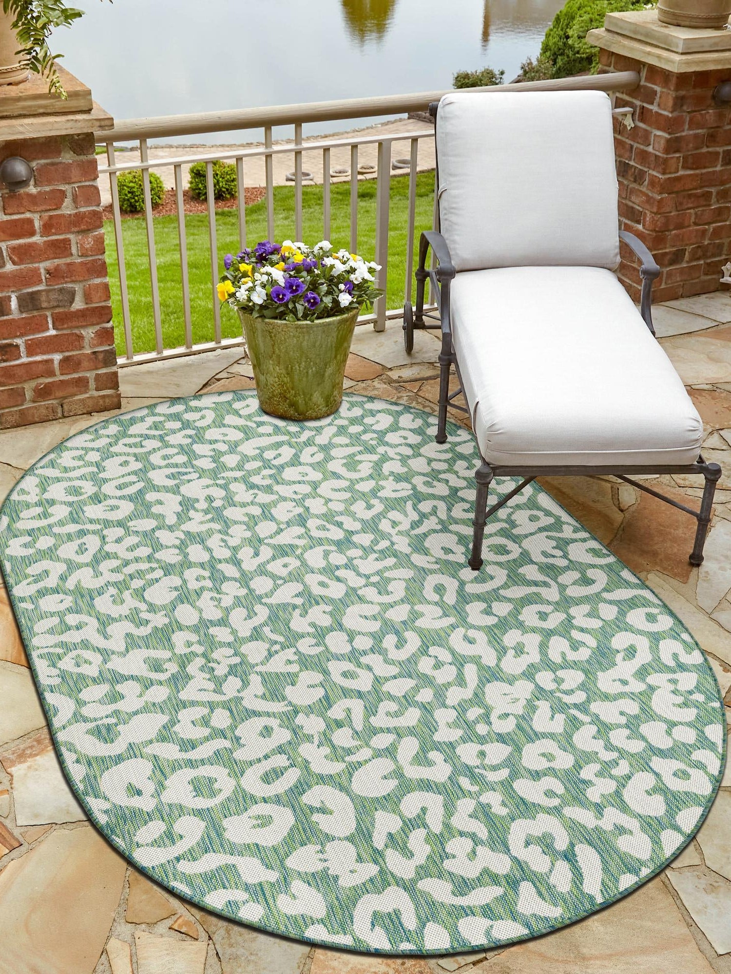 Green Blue 7' 10 x 10' Outdoor Safari Oval Area Rug Weather Resistant for Patio, Deck, Terrace, Balcony, Porch Animal Print Wildlife Nature Carpet for Sale at Rug Engine