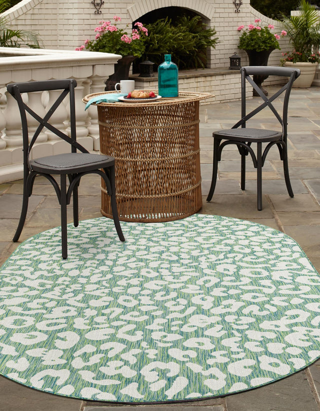 Green Blue 6' 1 x 9' Outdoor Safari Oval Area Rug Weather Resistant for Patio, Deck, Terrace, Balcony, Porch Animal Print Wildlife Nature Carpet for Sale at Rug Engine