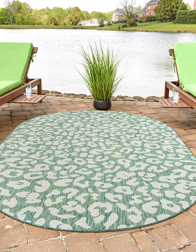 Green Blue 6' 1 x 9' Outdoor Safari Oval Area Rug Weather Resistant for Patio, Deck, Terrace, Balcony, Porch Animal Print Wildlife Nature Carpet for Sale at Rug Engine