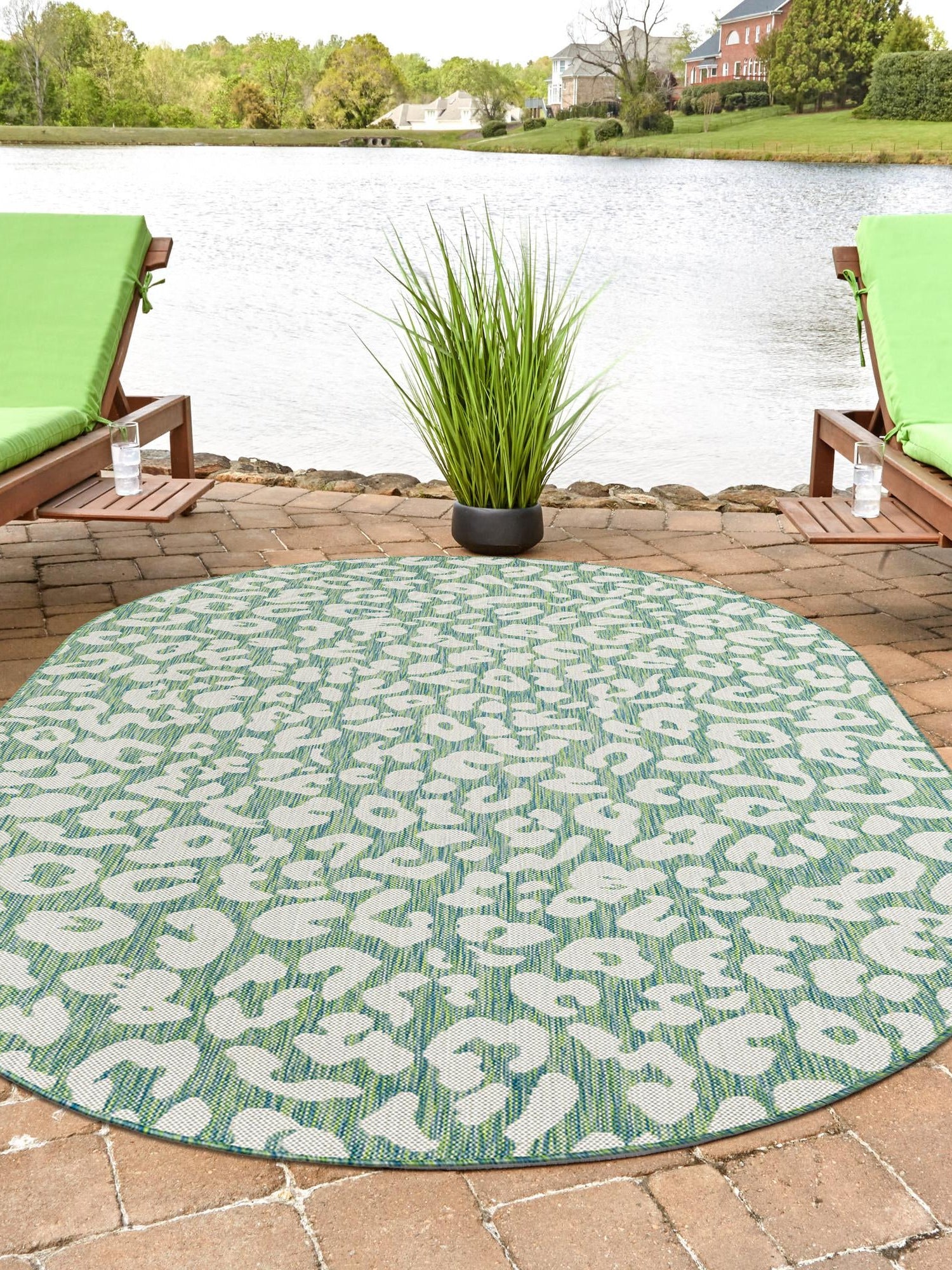Green Blue 7' 10 x 10' Outdoor Safari Oval Area Rug Weather Resistant for Patio, Deck, Terrace, Balcony, Porch Animal Print Wildlife Nature Carpet for Sale at Rug Engine
