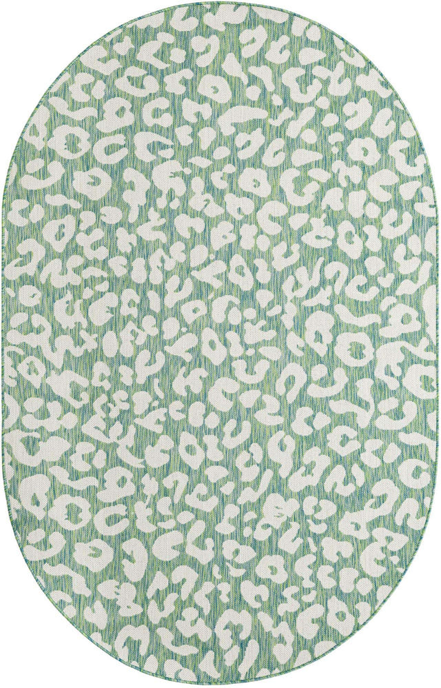 Green Blue 5' 3 x 8' Outdoor Safari Oval Area Rug Weather Resistant for Patio, Deck, Terrace, Balcony, Porch Animal Print Wildlife Nature Carpet for Sale at Rug Engine