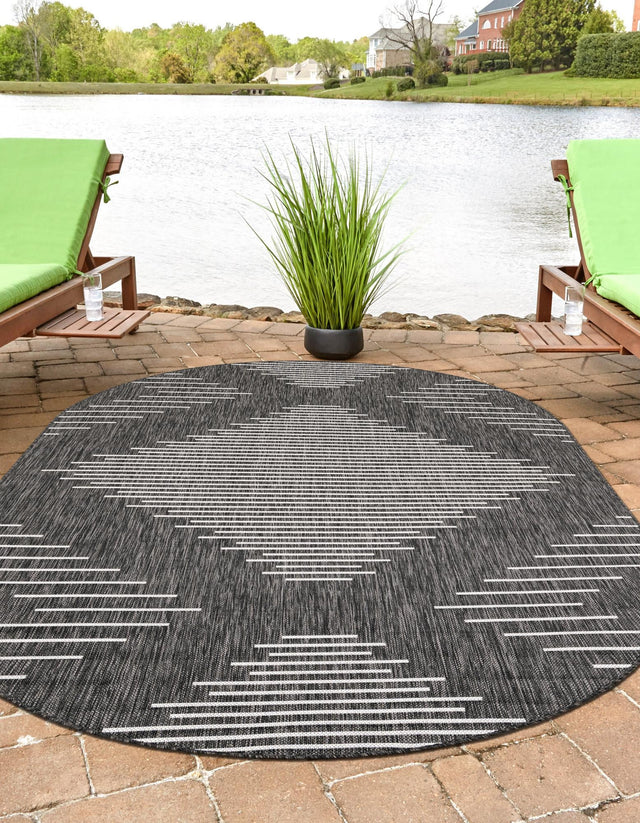 Charcoal Gray 5' 3 x 8' Outdoor Modern Oval Area Rug Weather Resistant for Patio, Deck, Terrace, Balcony, Porch 100% Polypropylene Modern Outside Carpet for Sale at Rug Engine