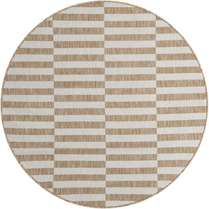 Taupe 5' 3 x 5' 3 Outdoor Striped Round Area Rug Weather Resistant for Patio, Deck, Terrace, Balcony, Porch Geometric Pattern Waterproof Carpet for Sale at Rug Engine