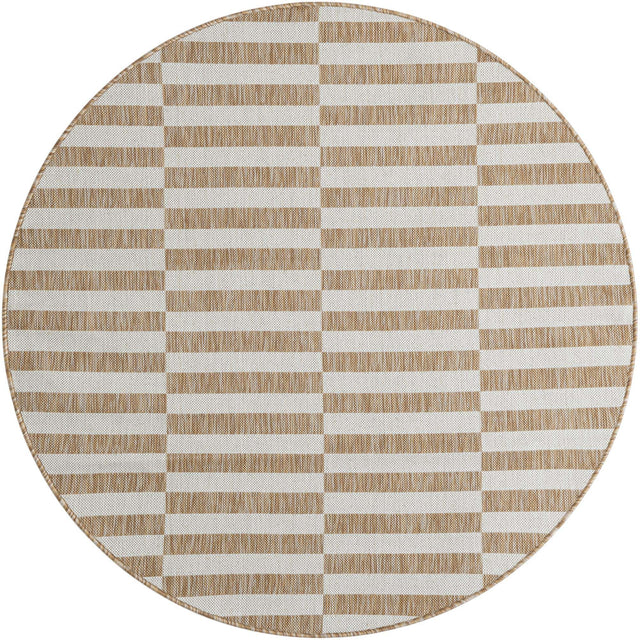 Taupe 5' 3 x 5' 3 Outdoor Striped Round Area Rug Weather Resistant for Patio, Deck, Terrace, Balcony, Porch Geometric Pattern Waterproof Carpet for Sale at Rug Engine