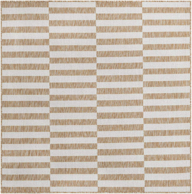 Taupe 5' 3 x 5' 3 Outdoor Striped Square Area Rug Weather Resistant for Patio, Deck, Terrace, Balcony, Porch Geometric Pattern Waterproof Carpet for Sale at Rug Engine