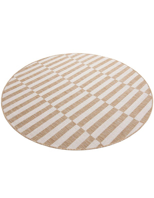 Taupe 6' 1 x 6' 1 Outdoor Striped Round Area Rug Weather Resistant for Patio, Deck, Terrace, Balcony, Porch Geometric Pattern Waterproof Carpet for Sale at Rug Engine