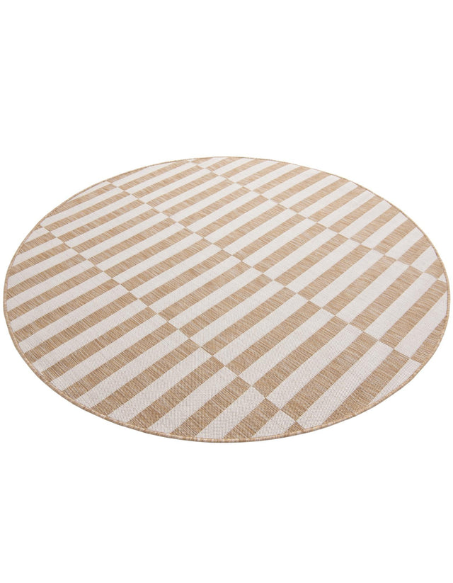 Taupe 6' 1 x 6' 1 Outdoor Striped Round Area Rug Weather Resistant for Patio, Deck, Terrace, Balcony, Porch Geometric Pattern Waterproof Carpet for Sale at Rug Engine