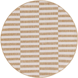 Taupe 6' 1 x 6' 1 Outdoor Striped Round Area Rug Weather Resistant for Patio, Deck, Terrace, Balcony, Porch Geometric Pattern Waterproof Carpet for Sale at Rug Engine