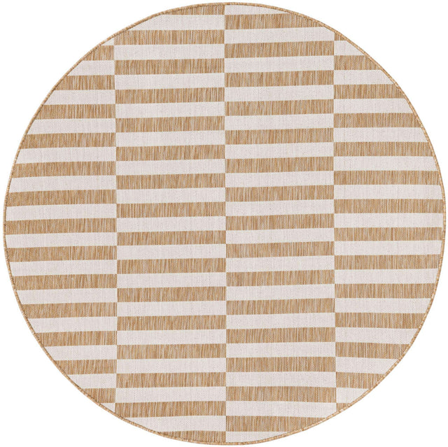 Taupe 6' 1 x 6' 1 Outdoor Striped Round Area Rug Weather Resistant for Patio, Deck, Terrace, Balcony, Porch Geometric Pattern Waterproof Carpet for Sale at Rug Engine
