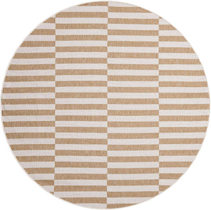 Taupe 7' 10 x 7' 10 Outdoor Striped Round Area Rug Weather Resistant for Patio, Deck, Terrace, Balcony, Porch Geometric Pattern Waterproof Carpet for Sale at Rug Engine