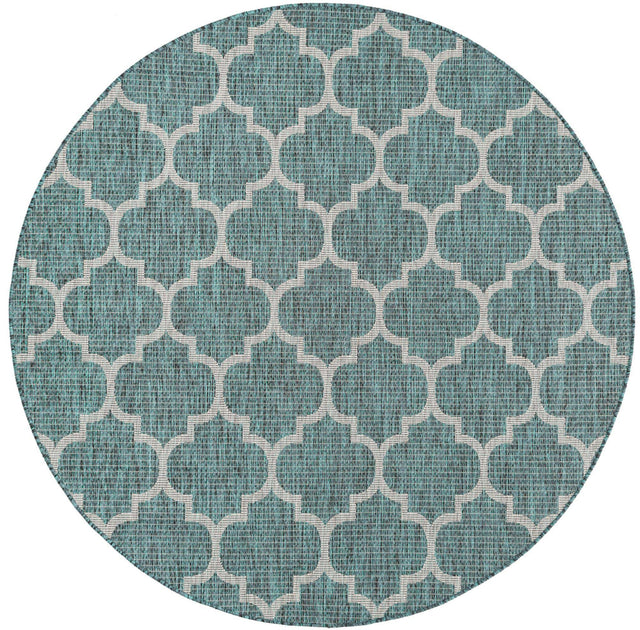 Teal 6' 1 x 6' 1 Outdoor Trellis Round Area Rug Weather Resistant for Patio, Deck, Terrace, Balcony, Porch Geometric Design Water Safe Outside Carpet for Sale at Rug Engine